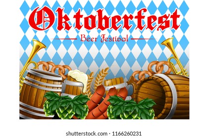 Stock Vector Poster of Oktoberfest Festival with Wooden Beer Barrel, Barley, Pretzel, Barley Hops and Sossis Invitation Flyer Poster III