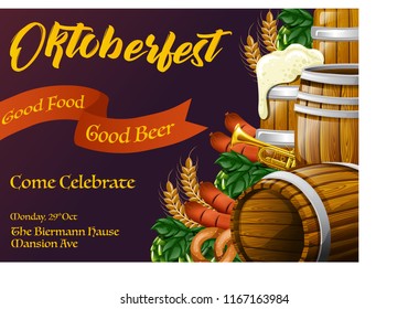 Stock Vector Poster of Oktoberfest Festival with Wooden Beer Barrel, Barley, Pretzel, Barley Hops Invitation Party, Flyer Poster