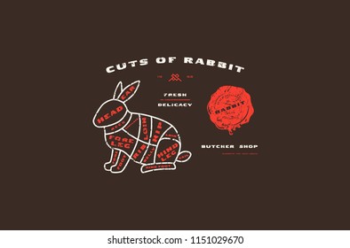 Stock vector rabbit cuts diagram in thin line style. Design with rough texture. Color print on black background