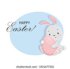 Stock vector rabbit. Happy Easter greeting card with funny bunny cartoon character holding pink egg