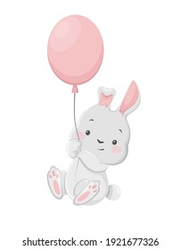 Stock vector rabbit on white background. Happy Easter. Funny bunny cartoon character holding balloon