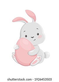 Stock vector rabbit on white background. Happy Easter. Funny bunny cartoon character holding pink egg