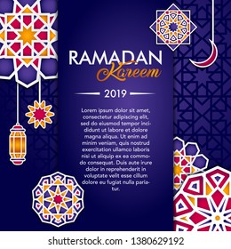 stock vector ramadan kareem greeting card, posters or invitations template design with paper cut islamic pattern, moon, and traditional lantern in violet dark background