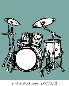 Stock vector realistic illustration of a drum kit eps with snare drum bass in cartoon and sketch style 