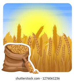 stock vector sack of wheat, grain scoop, wheat field, rural summer landscape with sun. countryside view living concept graphic illustration. cartoon nature concept