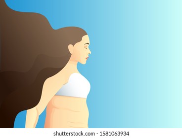 stock vector of sad woman with flowing hair runs away from the problems in her life. described body shaming, depressed, ashamed, self hate.
