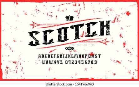 Stock vector sans serif decorative font. Scotch label template with ornamental frame. Letters and numbers with rough texture for alcohol logo and label design