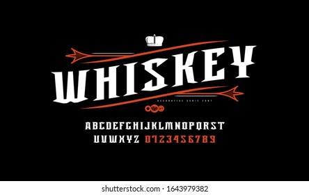 Stock vector sans serif decorative font. Whiskey label template with ornamental frame. Letters and numbers for alcohol logo and label design