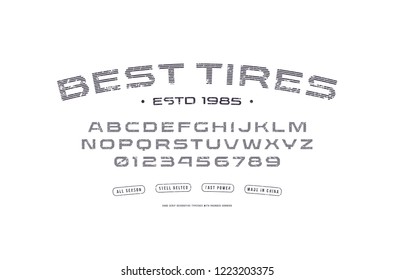 Stock vector sans serif extended striped font, alphabet, typography. Letters and numbers with vintage texture for t-shirt, racing, sport logo and emblem design