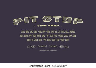 Stock vector sans serif font, alphabet, typography with hatching and rounded corners. Letters and numbers for racing, tire shop logo and emblem design