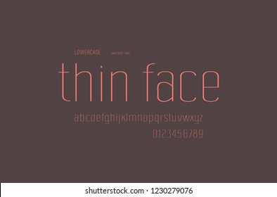 Stock Vector Sans Serif Font, Alphabet, Typography. Thin Line Face. Lowercase Letters And Numbers For Logo And Emblem Design