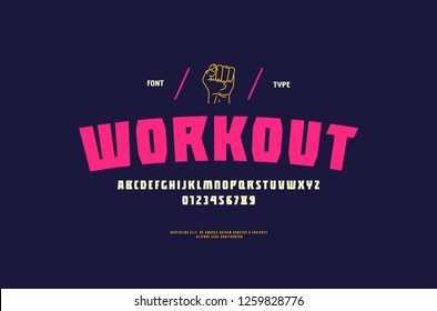 Stock vector sans serif font, alphabet, typeface. Letters and numbers for workout, gym, sport logo and t-shirt design. Color print on blue background