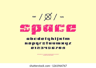 Stock vector sans serif font, alphabet, typeface. Lowercase letters and numbers with vintage texture for sci-fi, movie, cyber and space logo design