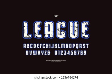 Stock vector sans serif font with rounded corners and contour. Letters and numbers with vintage texture for logo and t-shirt design in sport style. Color print on black background