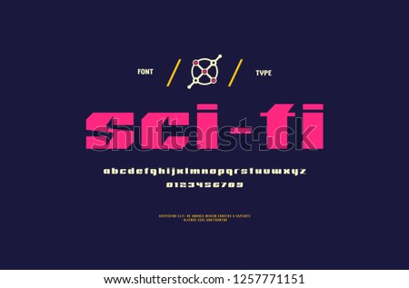 Stock vector sans serif font, alphabet, typeface. Lowercase letters and numbers for sci-fi, movie, cyber and space logo design