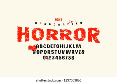 Stock vector sans serif handcrafted font, alphabet, typography. Letters and numbers with vintage texture for movie, halloween logo and headline design. Color print on white background