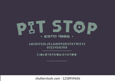 Stock vector sans serif narrow striped font, alphabet, typography. Letters, numbers and icons for t-shirt, racing, sport logo and emblem design