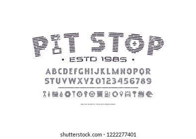 Stock vector sans serif narrow striped font, alphabet, typography. Letters, numbers and icons with vintage texture for t-shirt, racing, sport logo and emblem design