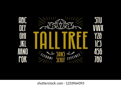 Stock vector sans serif narrow font, alphabet, typography. Letters and numbers for logo and label design. Isolated on black background