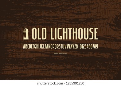 Stock vector sans serif narrow font, alphabet, typography. Letters and numbers for logo and label design. Print on textured background