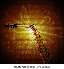 Stock Vector Saxophone close up on music sheet with shine and note signs.