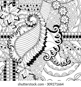 stock vector seamless abstract monochrome doodle flower and wave pattern