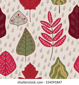 Stock vector seamless autumn pattern with decorative leaves and drops.