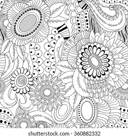 stock vector seamless doodle floral pattern. black and white