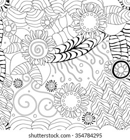 stock vector seamless doodle wave pattern. black and white