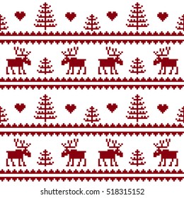 Stock vector. Seamless fabric.Merry Christmas and happy New year. Elk. Tree. Pixels. White and red color. Background, gift wrapping, design, pattern, ornament, background website.
