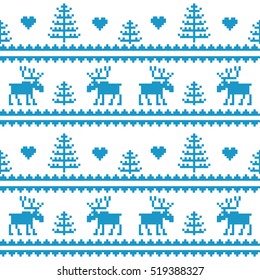 Stock vector. Seamless fabric.Merry Christmas and happy New year. Elk. Tree. Pixels. White and blue color. Background, gift wrapping, design, pattern, ornament, background website.Stock vector. 