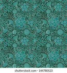 Stock vector seamless pattern of abstract flowers and berries in green colors. Seamless pattern can be used for wallpapers, pattern fills, web page backgrounds, surface textures.