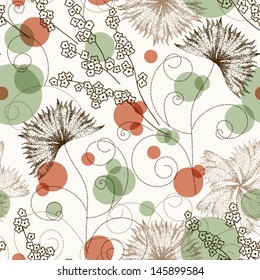 Stock vector seamless pattern with abstract flowers and circles.