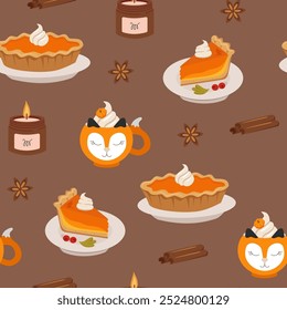 Stock vector seamless pattern of autumn pumpkin pie  and pumpkin latte. Colorful cute design elements on brown background.