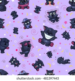 Stock vector seamless pattern with cartoon black kittens