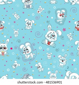 Stock vector seamless pattern with cartoon white rabbits and bunnies