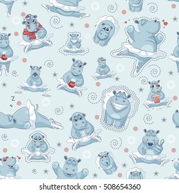 Stock vector seamless pattern character cartoon ballerina Hippopotamus with different emotions for site, info graphics, website, printed products, covers, fabrics, brochures, design element