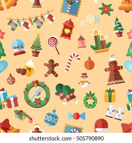 Stock Vector seamless pattern with Christmas accessories, design elements in a flat style on beige background for a Happy New Year 2017