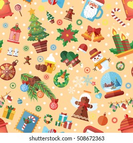 Stock Vector seamless pattern with Christmas accessories, design elements in a flat style on beige background for a Happy New Year 2017