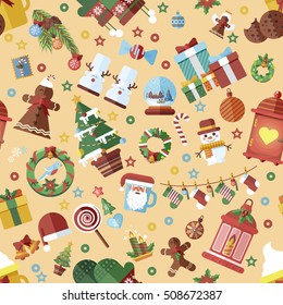 Stock Vector seamless pattern with Christmas accessories, design elements in a flat style on beige background for a Happy New Year 2017
