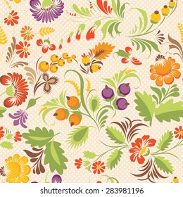 Stock vector seamless pattern with elements of floral ornament in folk style (Ukrainian folk art). Ethnic flowers in soft colors on light background.