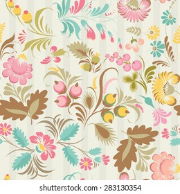 Stock vector seamless pattern with floral ornament in folk style (Ukrainian folk art). Soft colored flowers on light background.