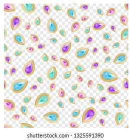 Stock vector seamless pattern with golden jewelry on transparent background. Fashion illustration with diamonds in gold frame

