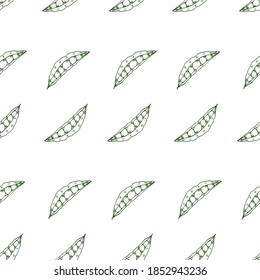 stock vector seamless pattern with hand-drawn sketches of pea pods. it can be used as Wallpaper, poster, print for clothes, notebooks, fabrics, textiles, packaging paper, kitchen accessories.