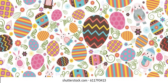 Stock vector seamless pattern Happy Easter bunny, rabbit, hare, lapin, colored Easter eggs, spring decoration, leave, flower on white background to printed materials, postcard, greeting, festive, card