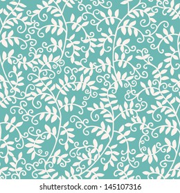 Stock vector seamless pattern with leaves and curls on a blue background. Seamless texture can be used as a background for a web page, wallpaper, fabric, pattern fills. Beautiful background.