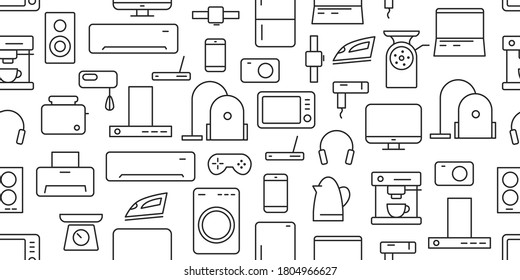 Stock vector seamless pattern of linear icons of electronic equipment and kitchen household electronics and gadgets, white and black