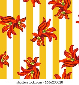 Stock vector seamless pattern with Scilla Siberica on striped background designed for web, fabric, paper and all prints