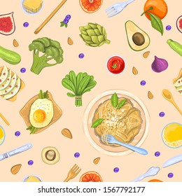Stock vector seamless pattern with vegetables, toasts, pasta, juice and fruit. Kitchen background in cartoon style. Breakfast texture for kitchen décor, restaurants, café, menus, etc.