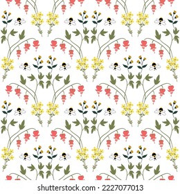 Stock vector seamless summer pattern with flat hand drawn flowers and bee.